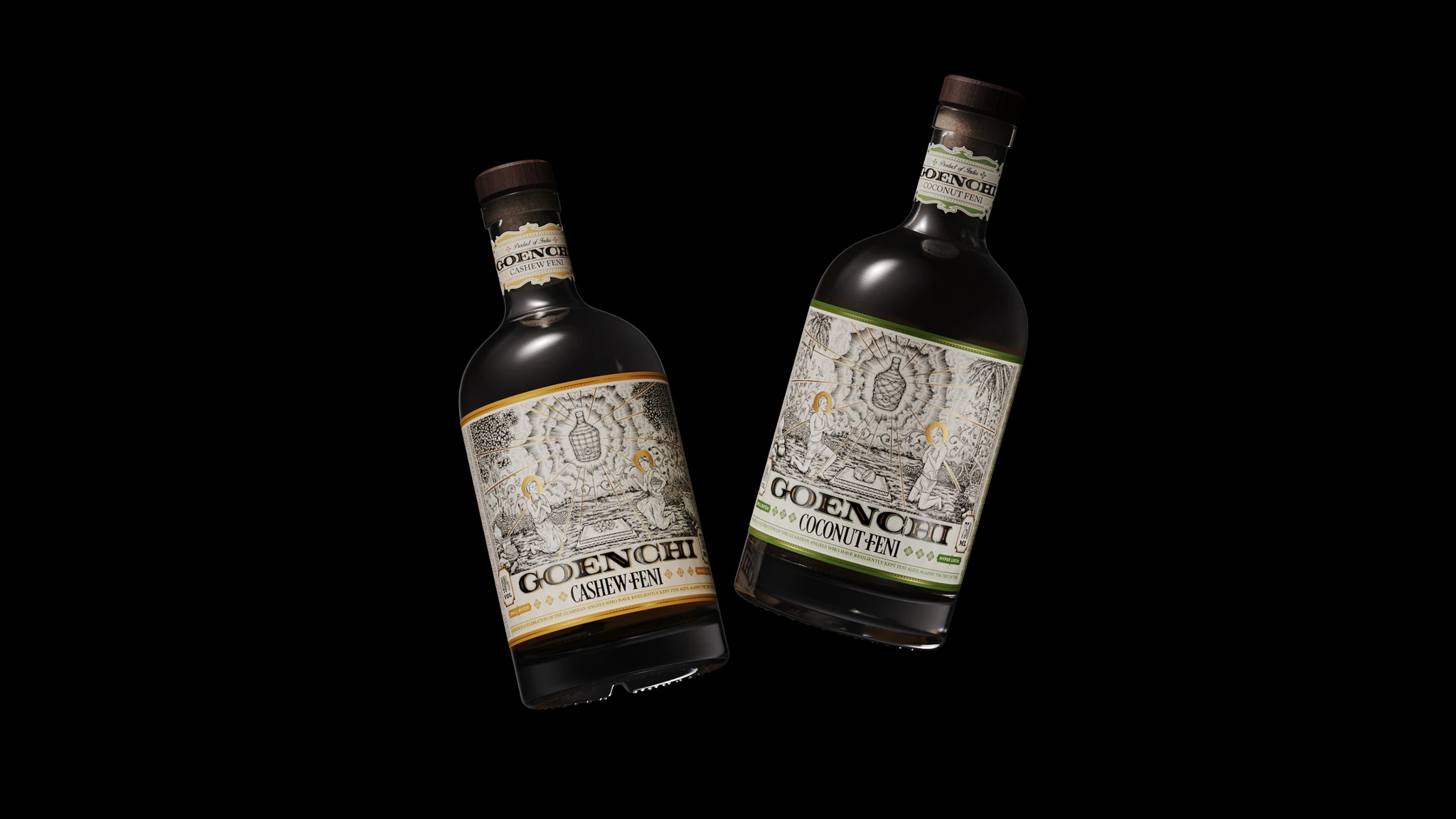 Goenchi cashew and coconut feni bottles on a black background