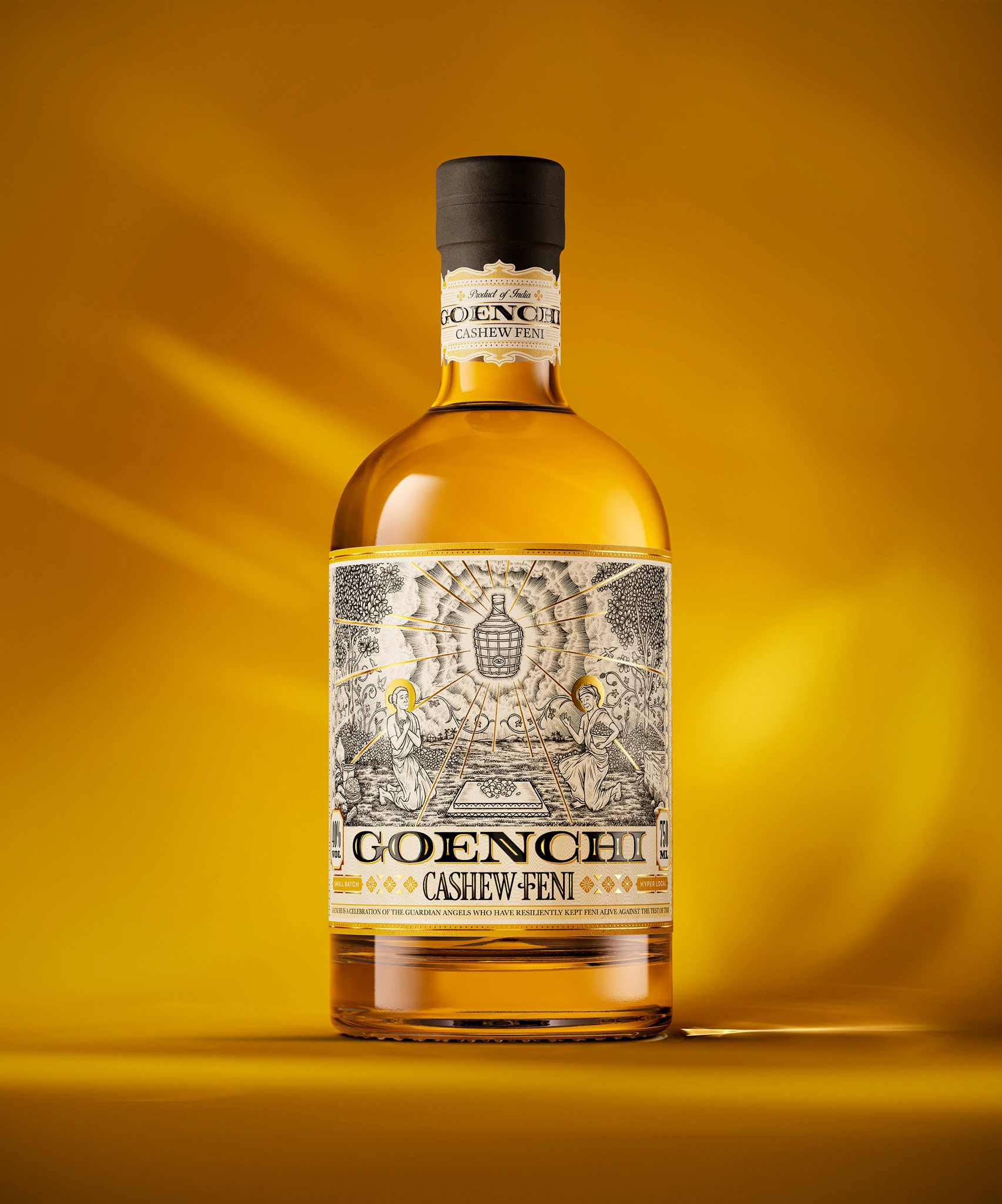 Goenchi cashew feni bottle on a golden background