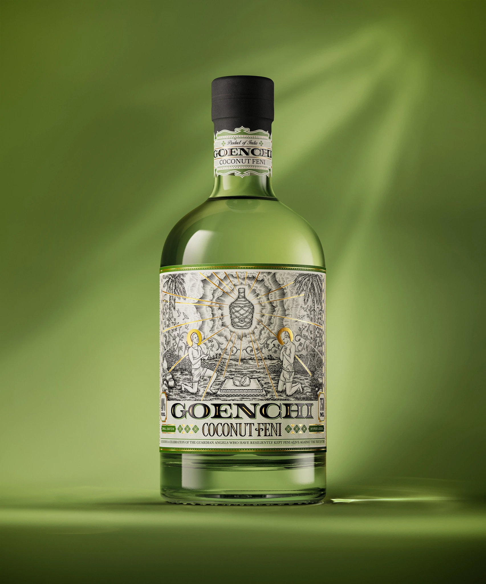 Goenchi coconut feni bottle on a green background